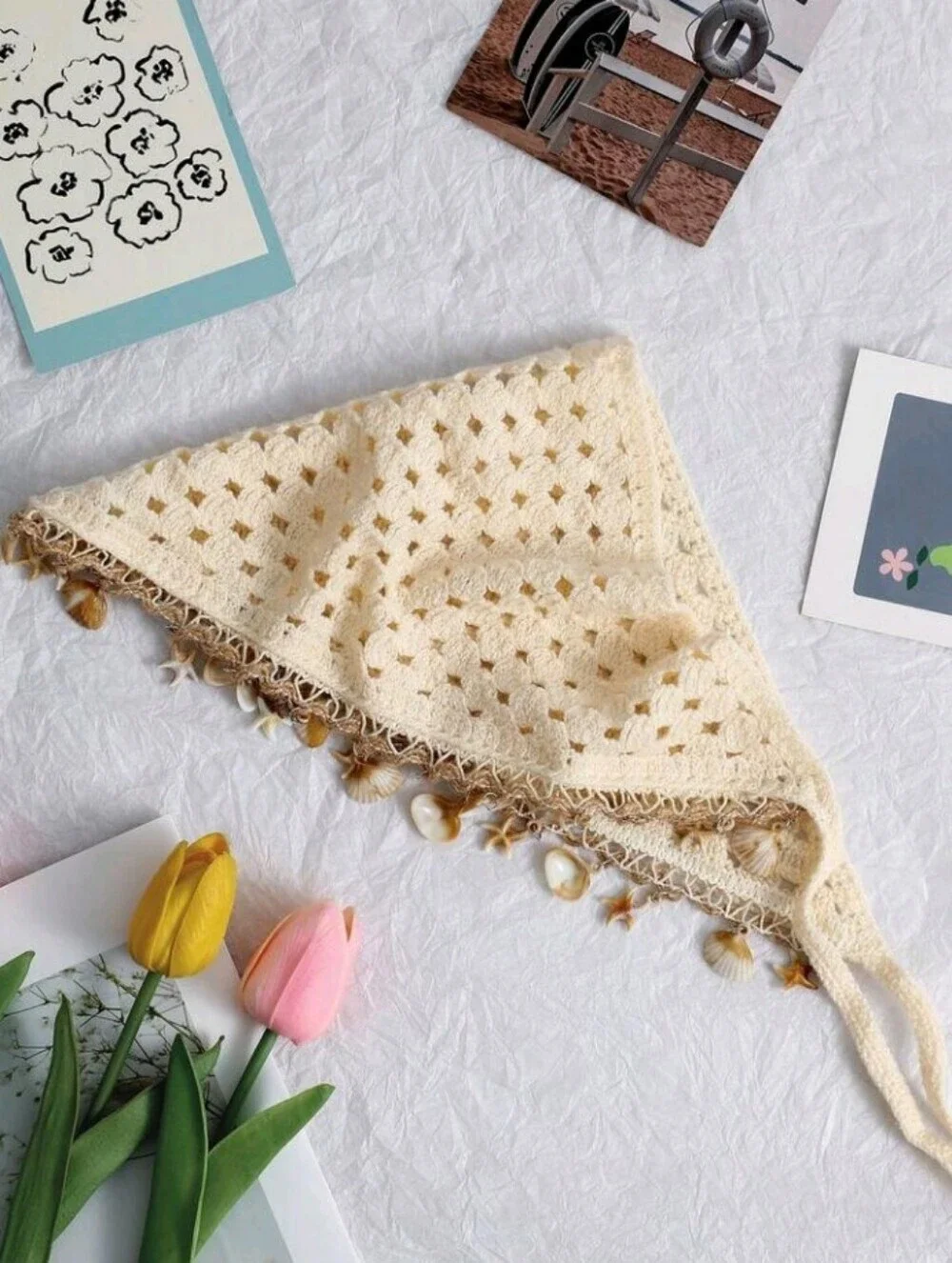 Cream Crochet Shell & Starfish Bandana Headscarf Summer Beach Festival Scarf